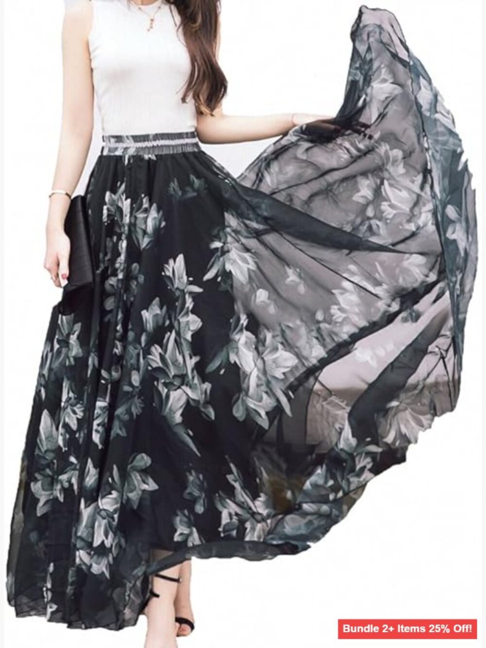 Chiffon Maxi Skirt with Elastic Waist, Full Length Beach Skirt